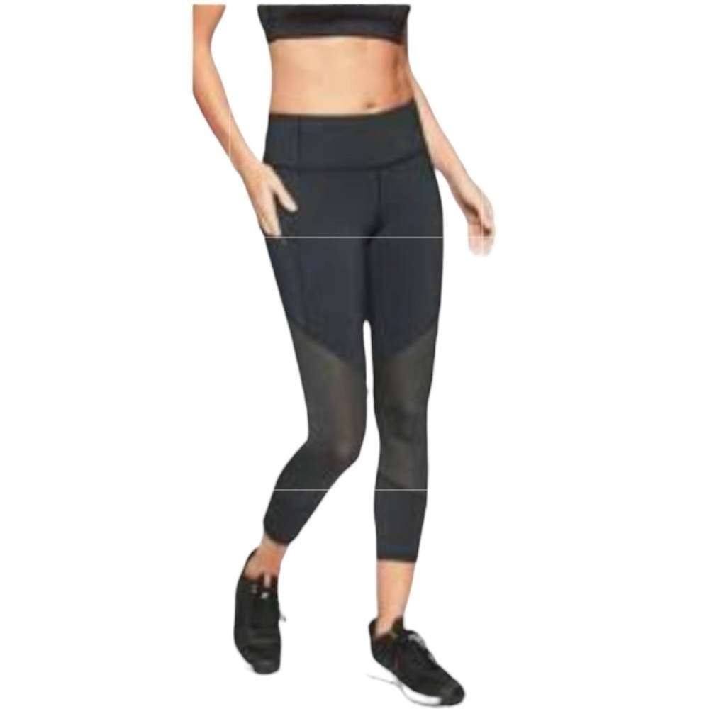 ATHLETA BLACK LEGGING SIDE / BACK ZIP POCKETS PARTIAL MESH CAPRI SIZE LARGE 12